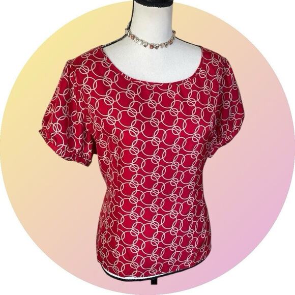 BARRIE PACE Ruby Red Tan Silk Short Sleeve Fitted Blouse Womens 18 2X Plus Top - Picture 1 of 9
